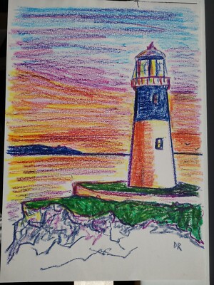 Rathlin Island Ost Leuchtturm Öl Pastell Zeichnung. A3 Gr. Original