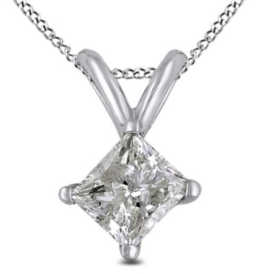 Solid 10K White Gold 1/2 Ct Princess Cut Simulated Solitaire Pendant With Chain