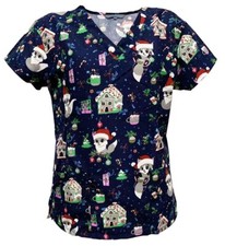Women Halloween Christmas Medical Scrub Tops Navy Merry Foxmas XL