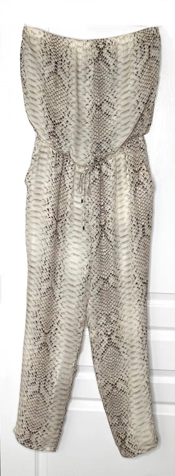 HAUTE HIPPIE Taupe Python Snake Print Silk Strapless Crop Pant Jumpsuit L = 10 - Image 3 of 4