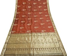Sushila Vintage Dark Rust 100 Pure Silk Saree Hand Beaded Classy Sari Fabric