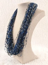 Blue Silver Multi Strand Ribbon Necklace Magnetic Clasp Statement Fiber Art