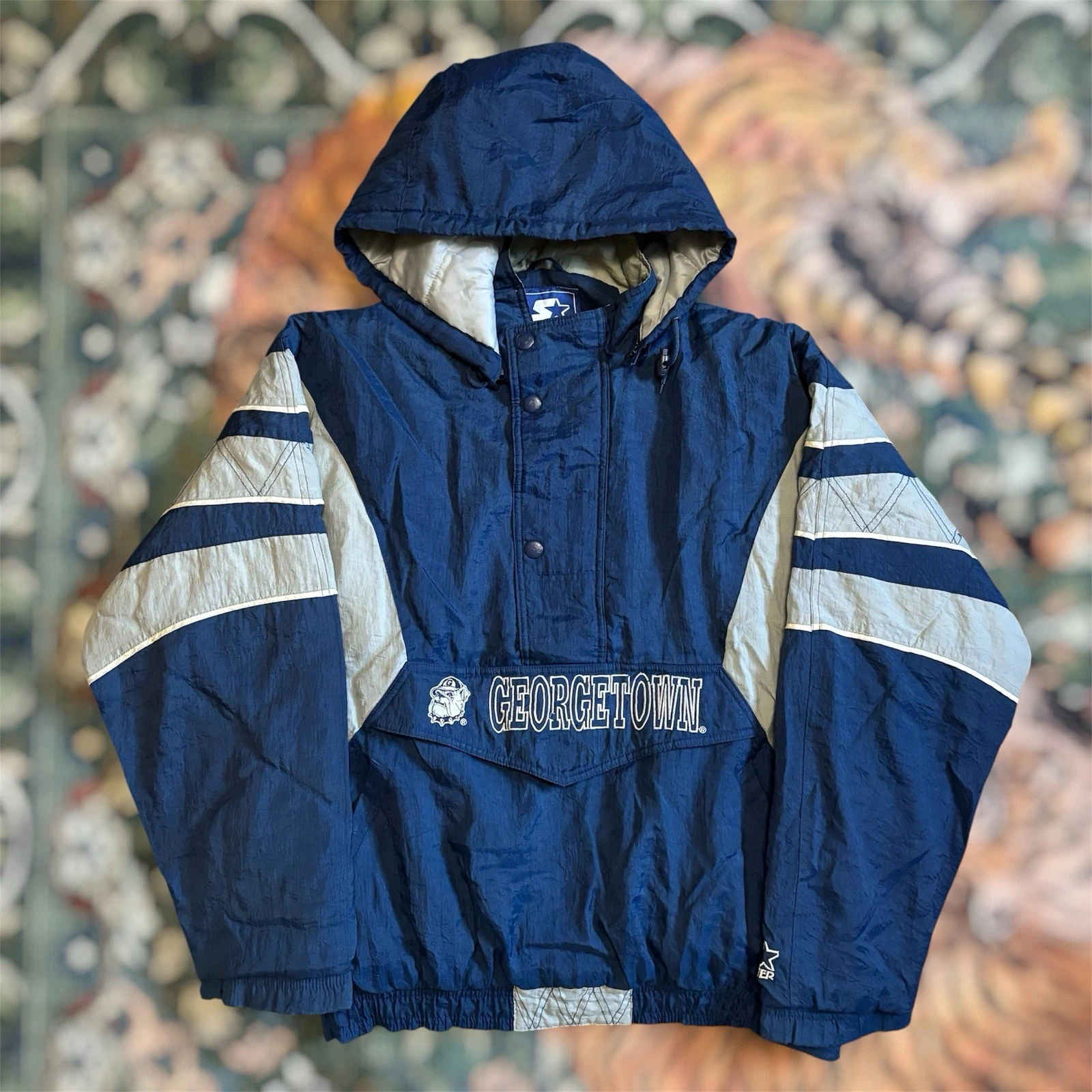 Vintage 90 NCAA Georgetown Hoyas Starter Jacket Size L 1/2 Zip Puffer Big Logo