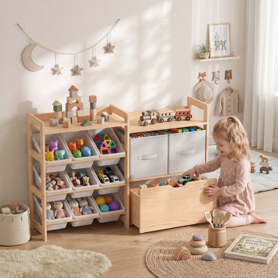 Wooden Toy Storage Unit with Rolling Toy Chest, 2 Fabric Drawers, 2 ...