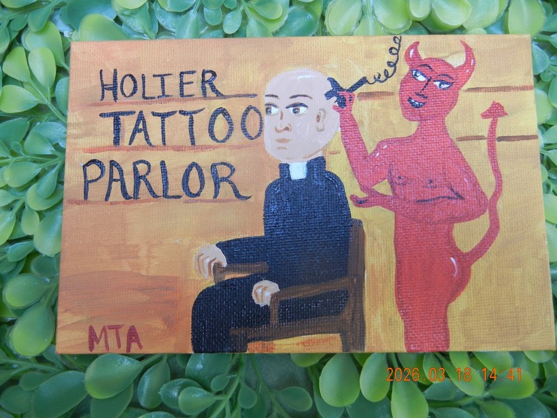 Holy Tattoo Parlor painting Priest getting tattoo by Devil Original 4 x 6 inch