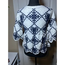 Kindred Embroidered Peasant Top White Navy Blue Bell Sleeve Boho Size M