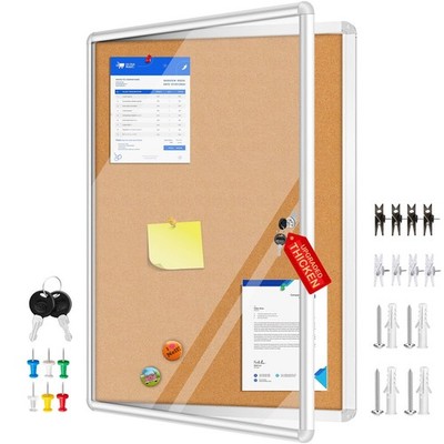Enclosed Bulletin Board 38''x28'' Lockable Display Case, Tamper-Proof, Cork, Alumi
