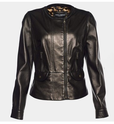 Dolce & Gabbana Women's Black Lamb Leather Zip Collared Short Jacket IT 48