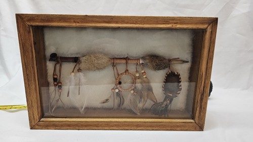 Handmade Native American Style  Peace Pipe and dream catcher shadow box 12"