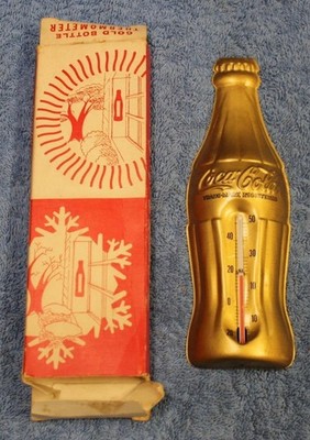 Vintage Coca-Cola Gold Bottle Tin Thermometer In Factory Box Reads in Celsius 7''