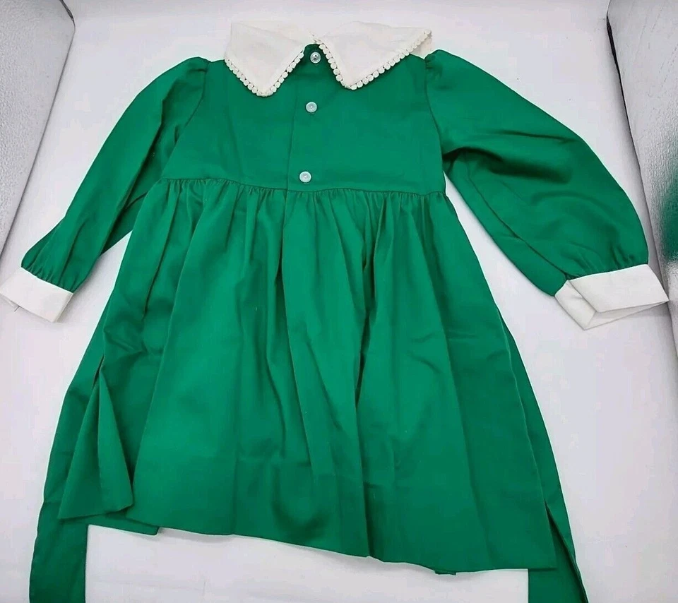 Vintage Girls Long Sleeve Smocked Green Dress Polly Flinders Size 3 READ - Image 2 of 4