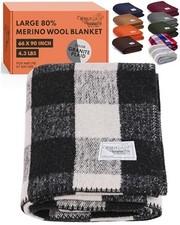 Merino Wool Throw Blanket, 66"x90", Granite Plaid, Camping Throw