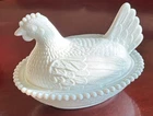 Vintage Indiana White Milk Glass Beaded Chicken Hen on Nest Covered Dish