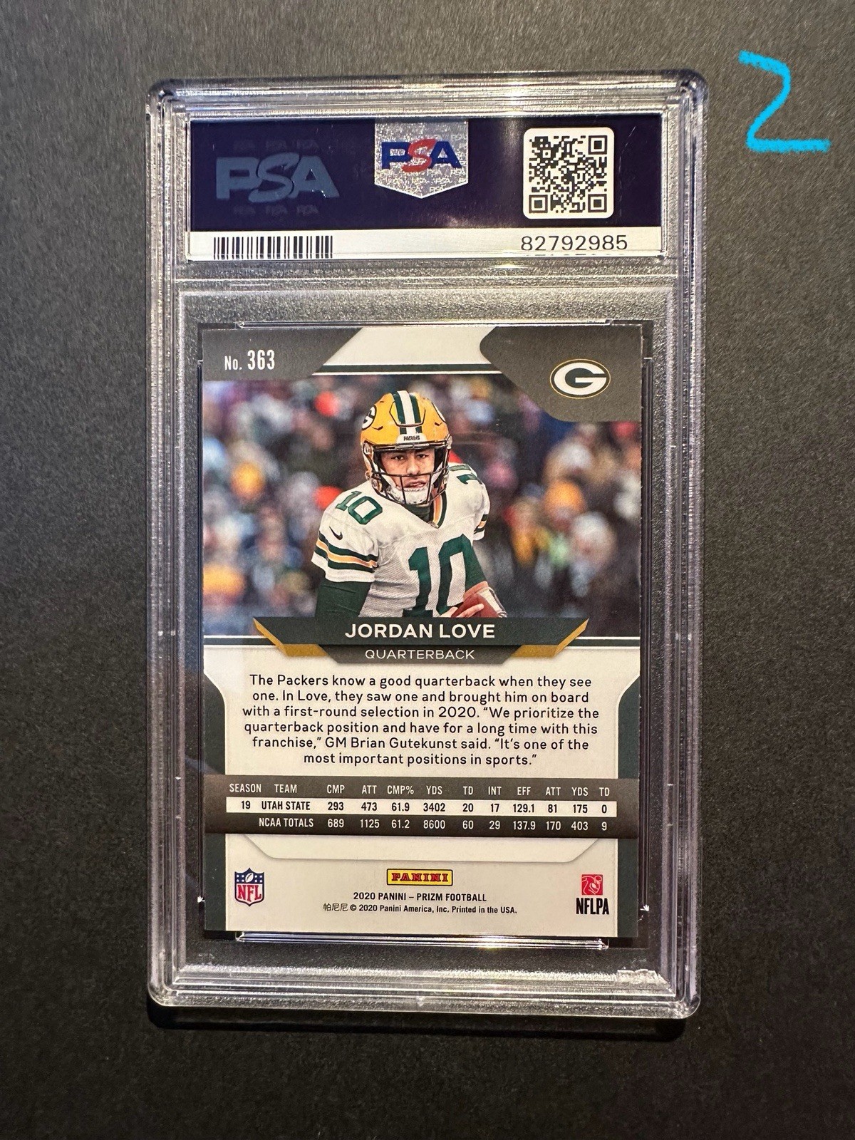 2020 Panini Prizm Jordan Love Rookie #363 PSA 10 RC Green Bay Packers Base view 2