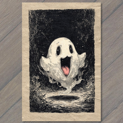 Art Print Happy Ghost Floating Through Moonlit Forest Night Halloween