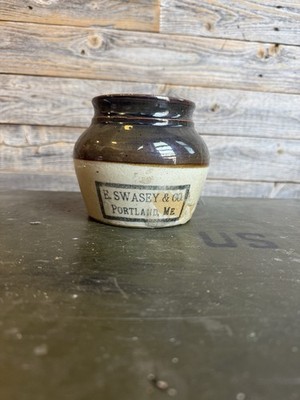Vintage E. Swasey & Co. Portland, Me. bean pot with factory glaze imperfections.