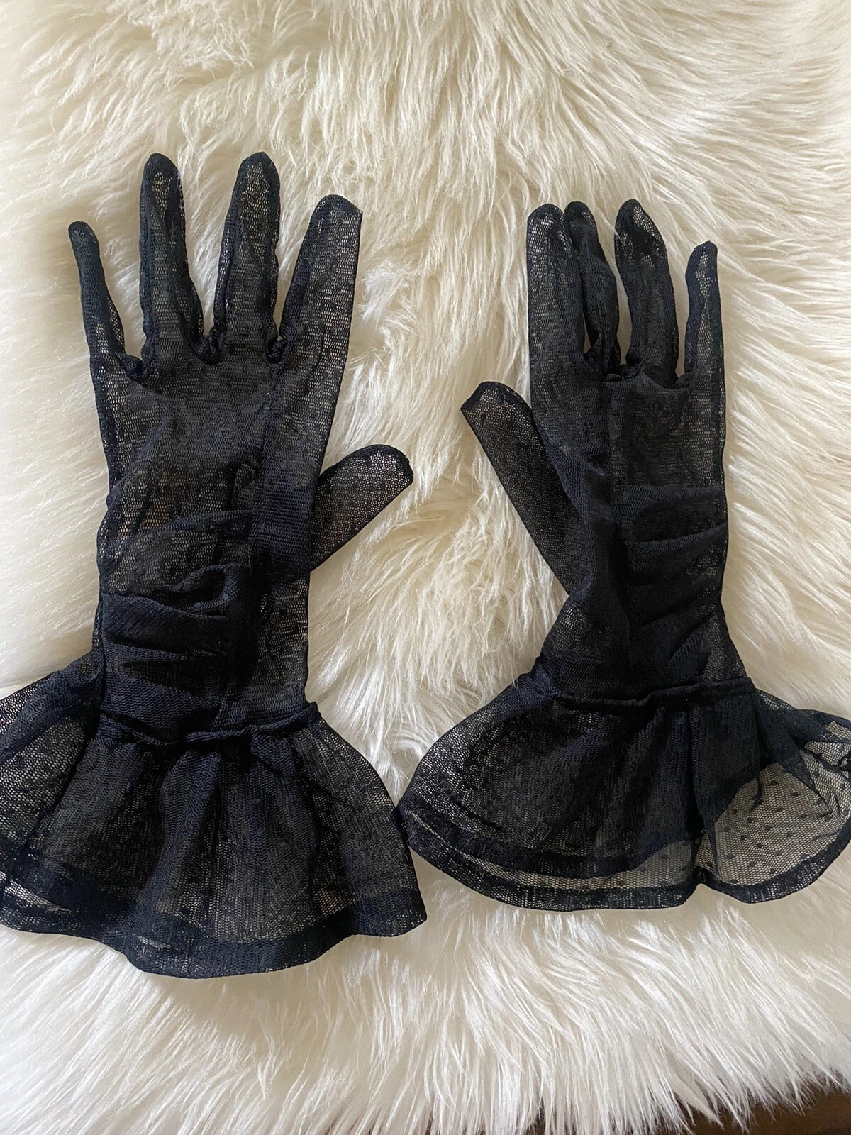 T Label Tulle Ruffle Opera Gloves, Black, Dotted Lace designer romantic wear