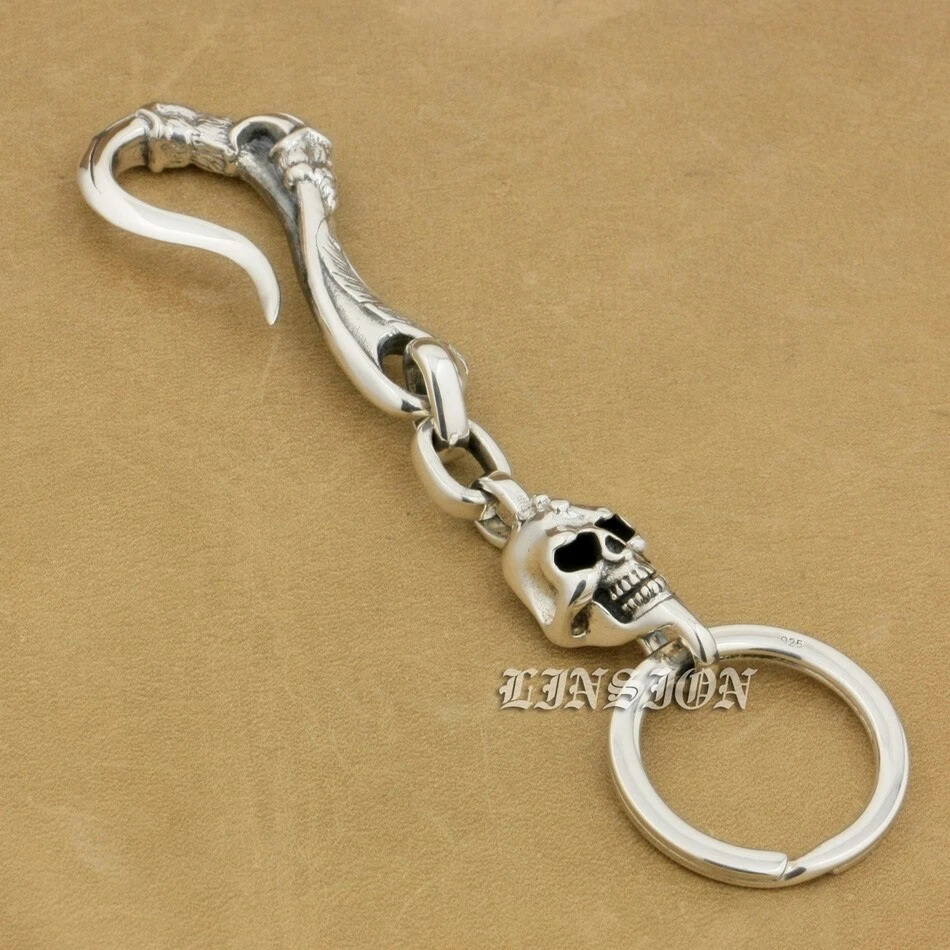 925 Sterling Silver Skull Claw Hook KeyRing Punk Keychain Belt Clip 9T012A BZ - Image 2 of 4