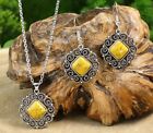 Silver Earrings Necklace Jewelry Set New! Round Yellow Stone Celtic Tribal Boho