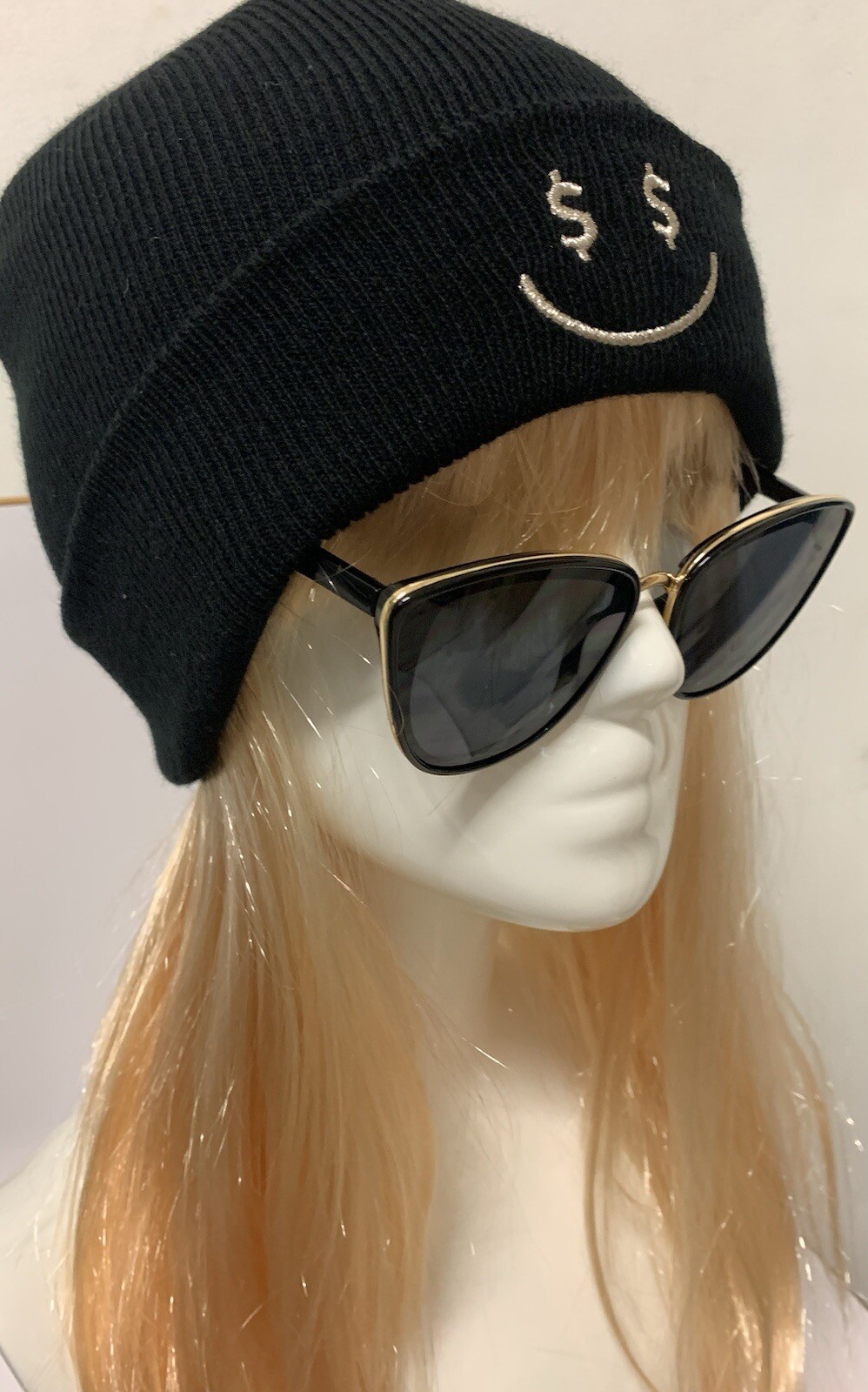 Dollar Sign Smiley Black Beanie And Sun Glasses (glasses wil