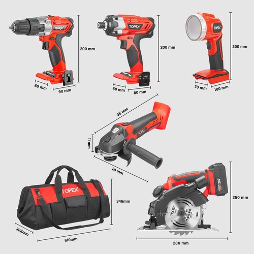 TOPEX 20V Cordless Drill Impact Driver Angle Grinder Circular Saw LED Torch Set - Picture 13 of 16