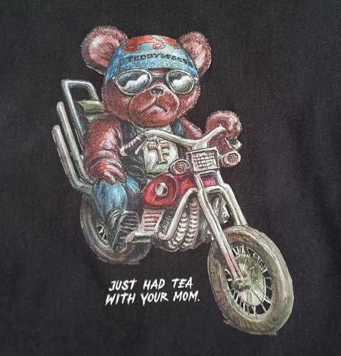Teddy Fresh Hoodie Mens Large Black Biker Bear Tea With Your Mom Sleeve Flames - Picture 9 of 17