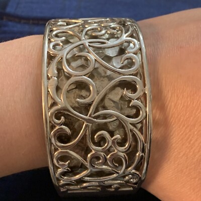 DESIGNER 925 STERLING SILVER LARGE HEAVY SCROLL HEART CUFF BRACELET 3D GALLERY