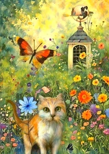Whimsical Cat ACEO - Colorful Artist Trading Card, 2.5x3.5 Cat In Flower Field