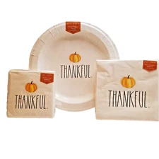 Rae Dunn “Thankful” Pumpkin Paper 10.5" Luncheon Plates (16) & Napkin Set (80)