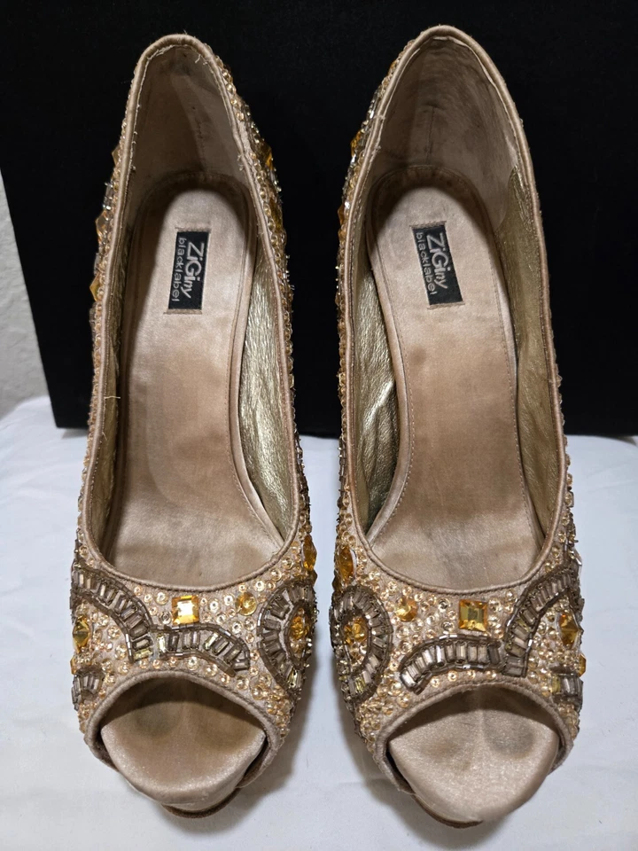 RARE ZiGiNY Black Label Romi Gold Jewel Gem Rhinestone Platform Stilettos - Изображение 2 из 4