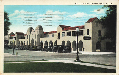 Postcard Hotel Arcade Tarpon Springs Florida FL Vintage Automobiles 1931