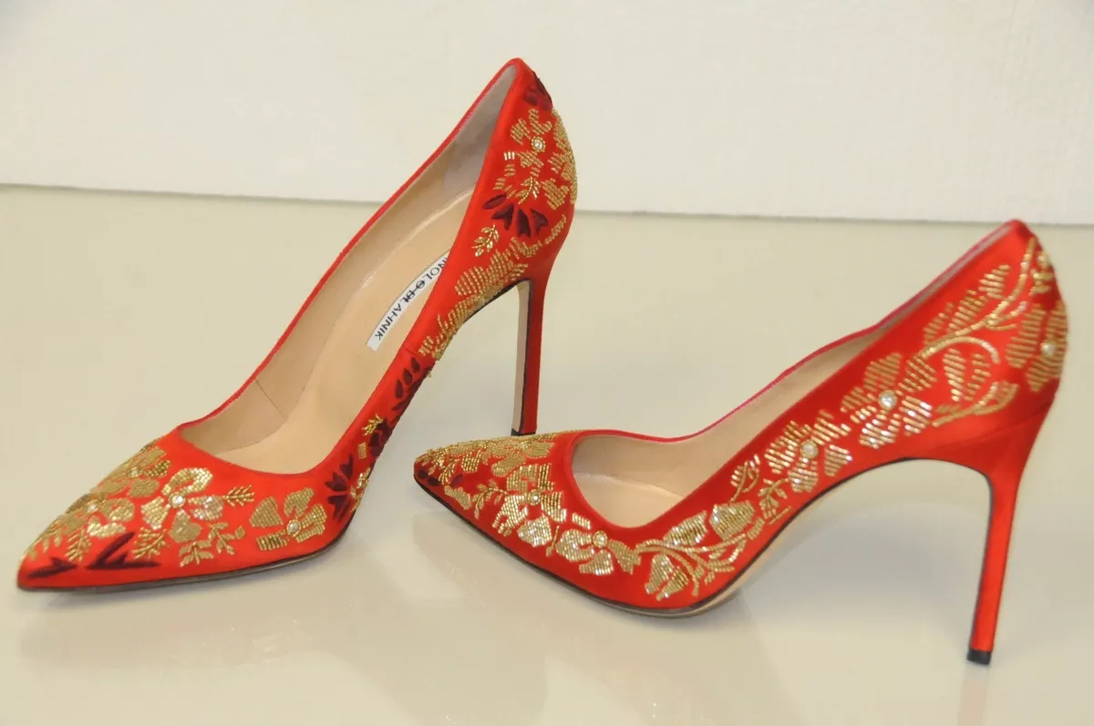 valor violín Sofocante $925 New Manolo Blahnik BB 105 Embroidery RED Satin Shoes Pumps 40 41.5  wedding | eBay