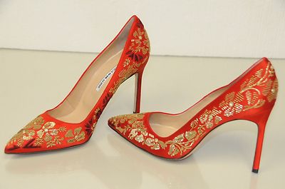 Nuovo Manolo Blahnik BB 105 Ricamo Raso Rosso Scarpe Pompe 40  Matrimonio