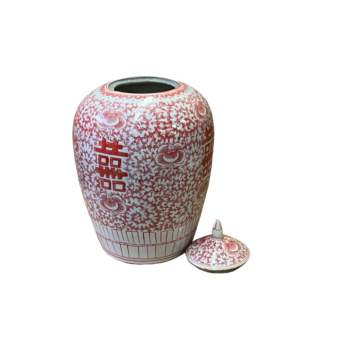 Chinese Coral Pink White Floral Double Happiness Graphic Point Lid Jar ws2600S Chinese Coral Pink White Floral Double Happiness Graphic Point Lid Jar ws2600S