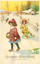 Glückwunsch Neujahr, Mädchen mit Schlitten auf der Rodelbahn, Festpostkarte