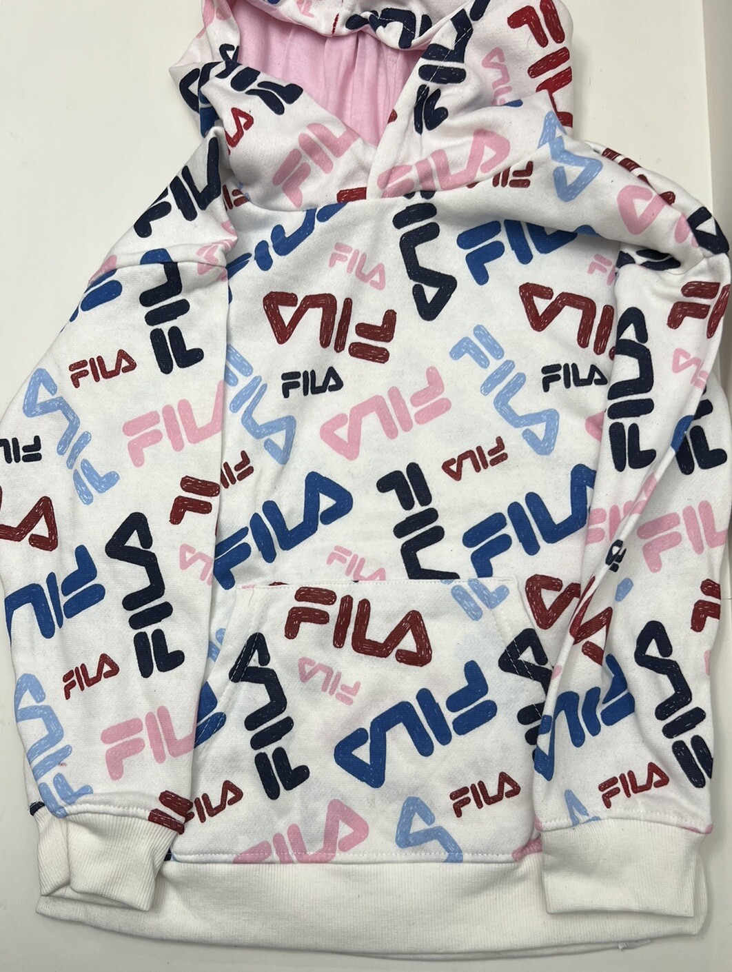 Felpa con cappuccio FILA Big Girls in pile pullover manica lunga con tasca canguro L14 Nuova con etichette