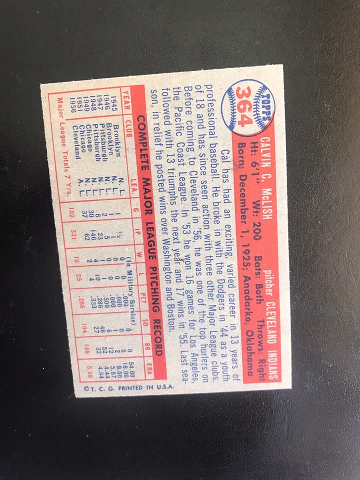 1957 TOPPS #364 CAL McLISH CLEVELAND INDIANS— SHARP💥*** - Image 2 of 2