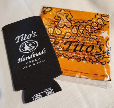 NEW Tito's Crafted Vodka Orange Bandana Black Koozie Austin Texas Lot 2 Retro