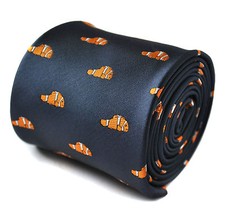 Frederick Thomas Designer Mens Tie - Dark Navy Blue - Embroidered Orange Fish