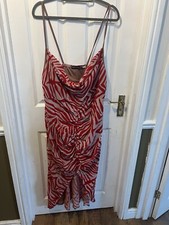 PRETTYLITTLETHING RED PINK MARBLE STRAPPY RUCHED BODYCON COWL NECK DRESS Size 26