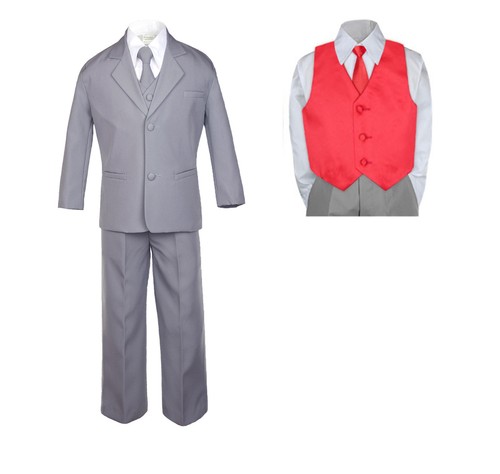 7pc Baby Toddler Boy Formal Party Medium Gray Suit w/Satin Vest & Necktie M-20 - Picture 20 of 25