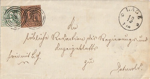 MiF 1/4 + 1/2 Sgr. MiNr. 1 u. 14 m. Nr.-Stpl. 323 LAGE ( Lippe ) a. Brief 1860