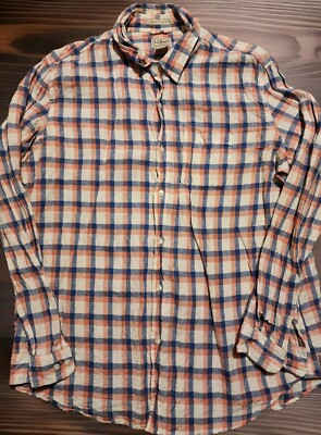 LL Bean Shirt Men XL Linen Plaid Button Long Sleeve 501964 Slightly Fitted
