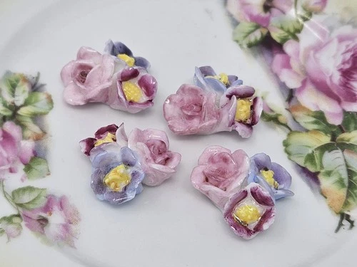 4 pcs Rose & Pansy Porcelain Ceramic Flower Cluster Cabochons Vintage Bone China