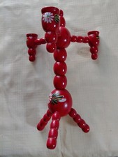 Vintage Swedish Folk Art Hand Painted Red Wood Tripod Candlestick Holder 13"H