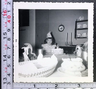 1958 Little Girl Birthday Cake Hat Candles 4 Years Old Celebrate Photo Snapshot