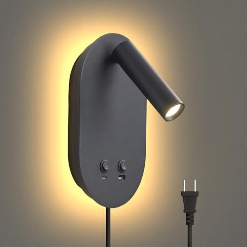 Wall Lamp Plug in Hardwired 2 in 1 Wall Sconces, Wall Mounted 1 Pack Black