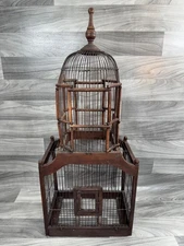 VTG VICTORIAN CATHEDRAL BIRD CAGE WOOD & WIRE MID CENTURY DOME BIRD CAGE 34X14X9