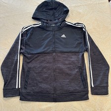 Adidas YXL 18/20 Black/charcoal Full-zip Hoodie Jacket White Strip On Sleeves