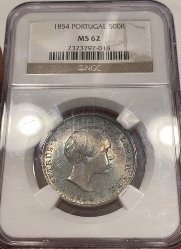 1854 Portugal Silver 500 Reis NGC MS62 Toned